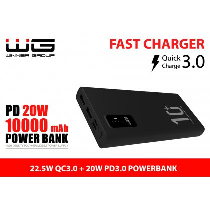 WG Power Bank 10.000mAh + PD Type C 20W + QC 3.0 22.5W , černá