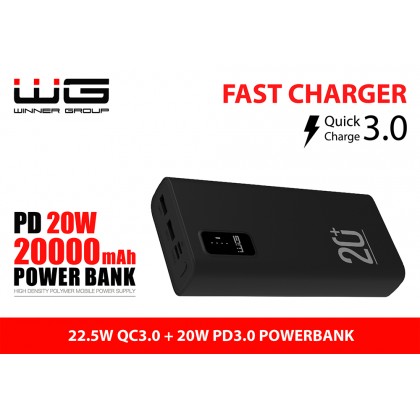WG Power Bank 20.000mAh + PD Type C 20W + QC 3.0 22.5W , černá