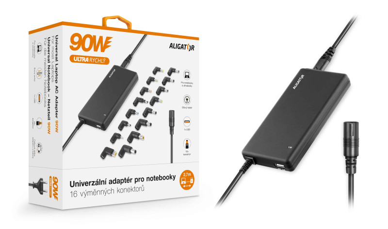 Univerzální adaptér pro notebooky se 16 výměnnými konektory a USB, 90W