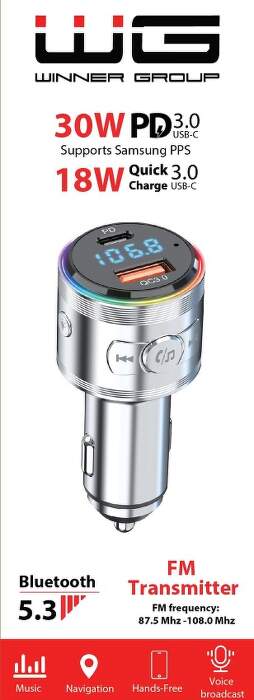 WINNER UNIVERZÁLNÍ BT FM TRANSMITTER USB/USB-C 20 W STŘÍBRNÝ