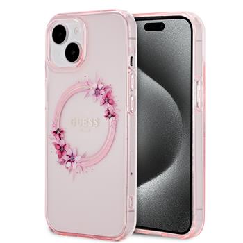Guess PC/TPU Flowers Ring Glossy Logo MagSafe Zadní Kryt pro iPhone 15 rúžové