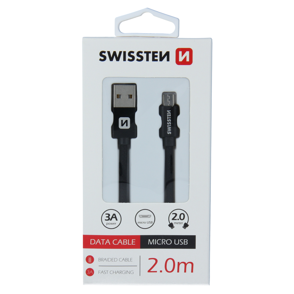 Swissten textilní datový kabel microUSB 2,0m, černý
