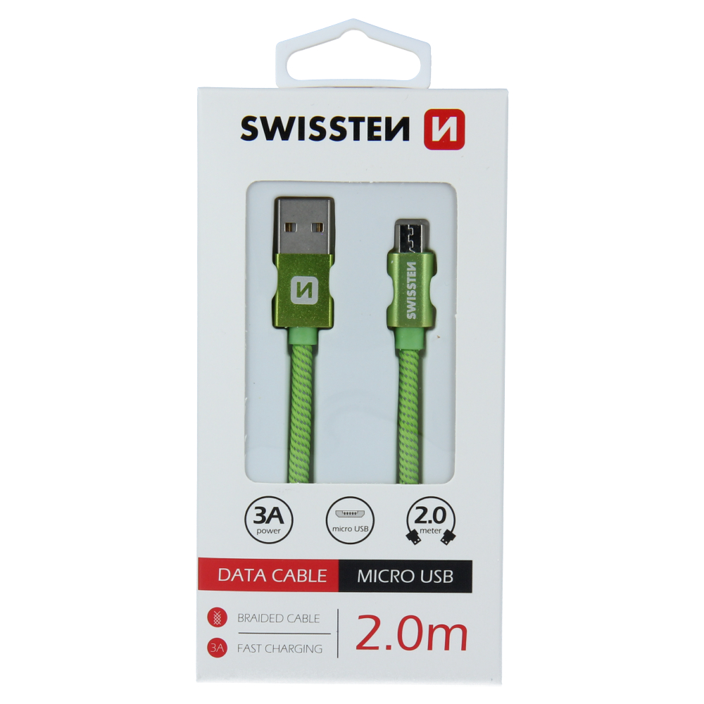 Swissten textilní datový kabel microUSB 2,0m, zelený