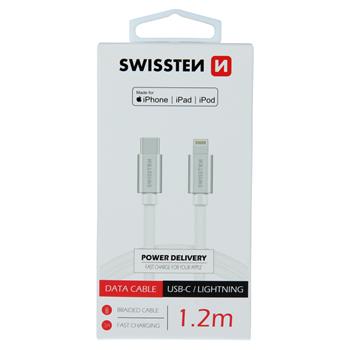 Swissten textilní datový kabel USB-C/Lightning MFi 1,2m, stříbrný