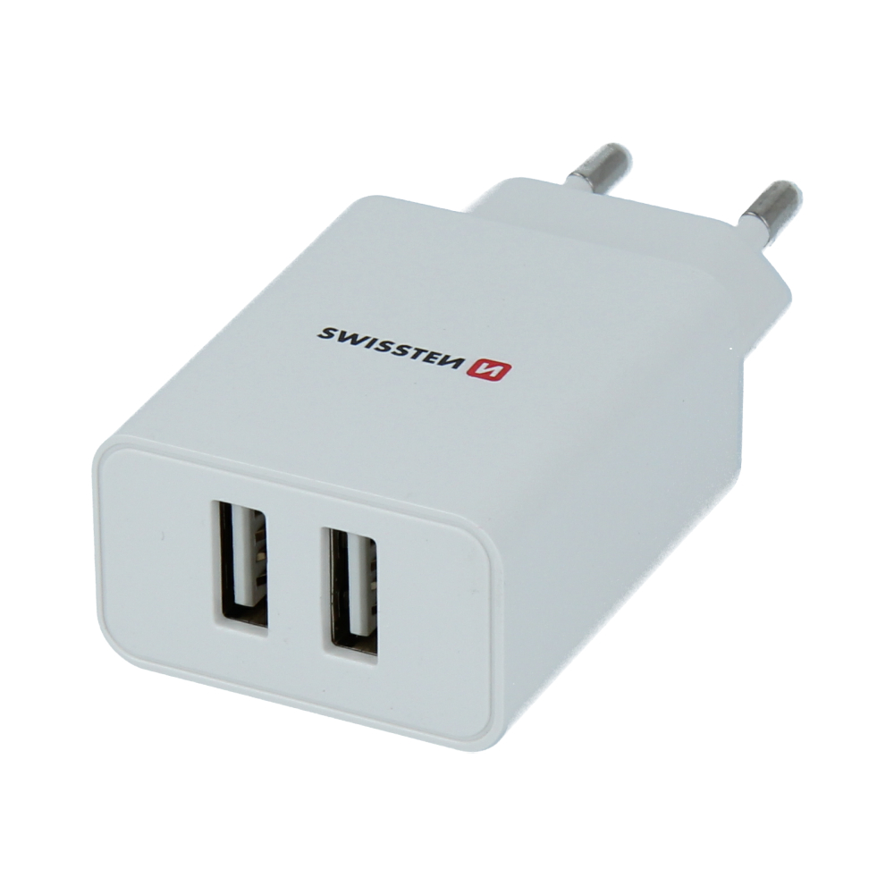 Swissten síťový adaptér 2,1A / 2x USB / 1,2m + datový kabel microUSB, bílý