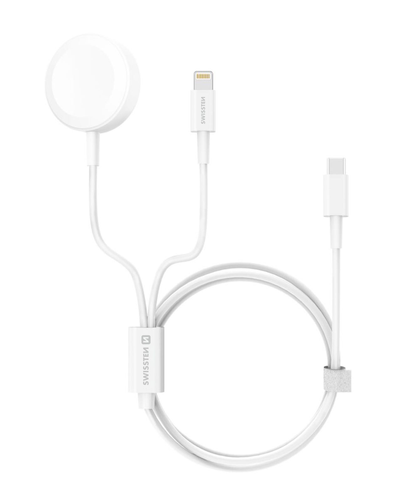 Swissten bezdrátová nabíječka 2v1 iWatch + Lightning / USB-C / bílá