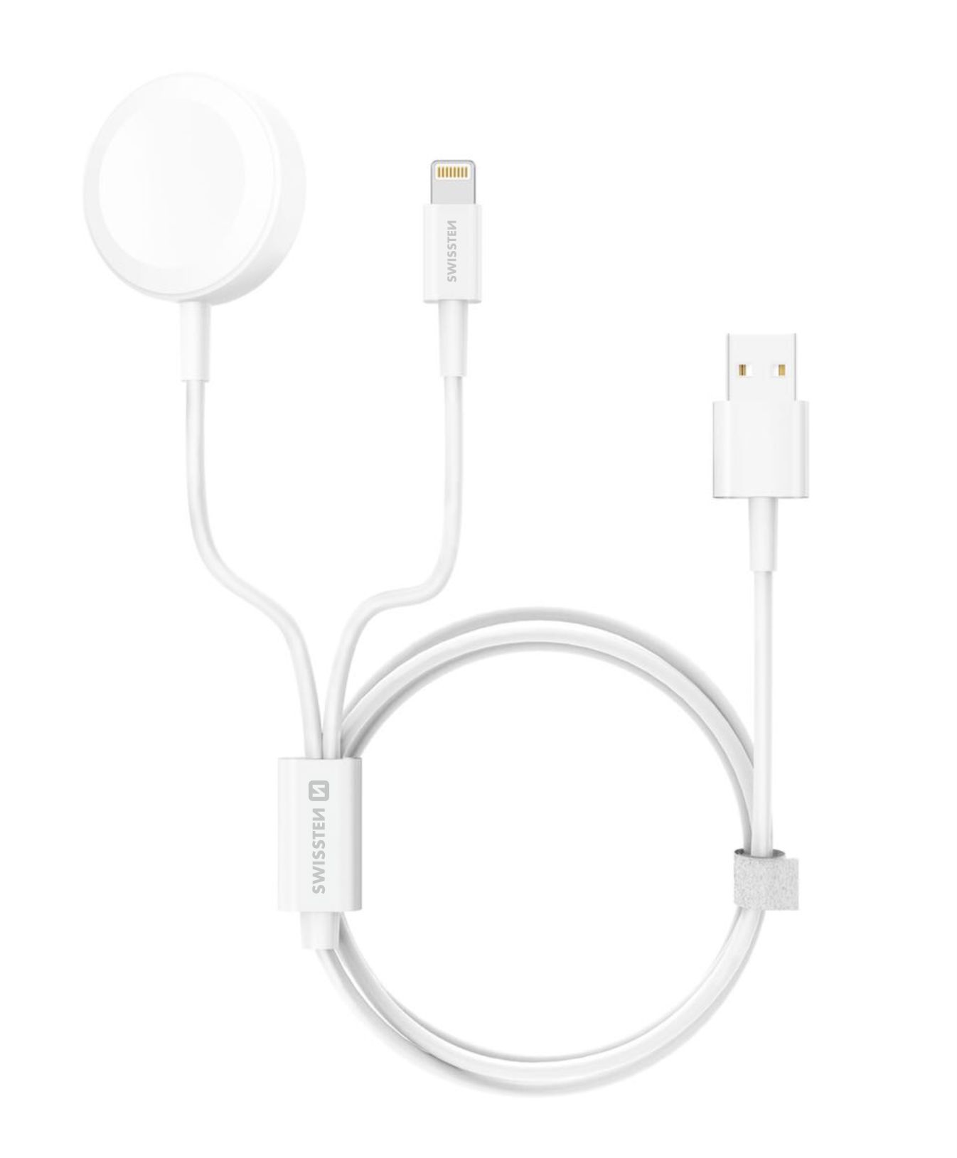 Swissten bezdrátová nabíječka 2v1 iWatch + Lightning / USB / bílá