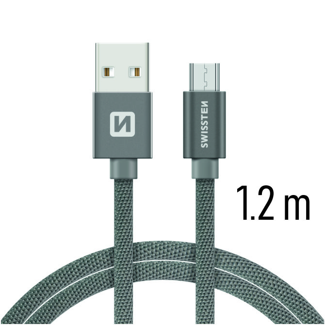 Swissten textilní datový kabel microUSB 1,2m, šedý