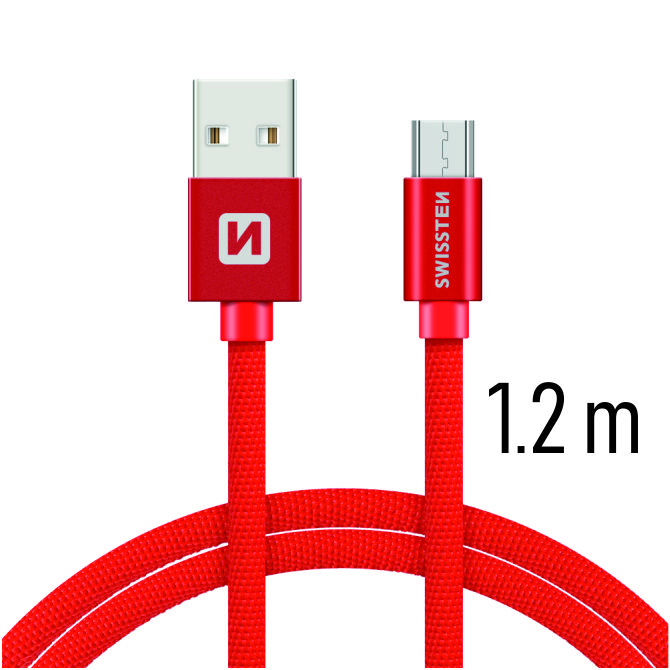 Swissten textilní datový kabel microUSB 1,2m, červený