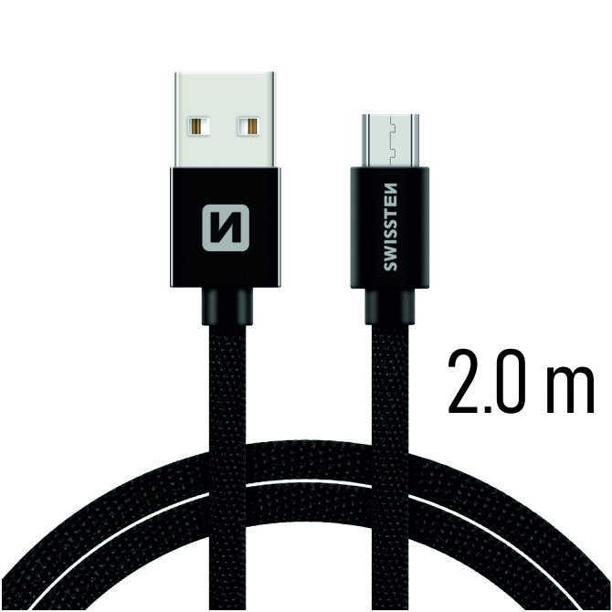 Swissten textilní datový kabel microUSB 2,0m, černý