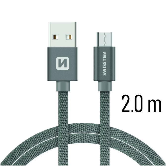 Swissten textilní datový kabel microUSB 2,0m, šedý