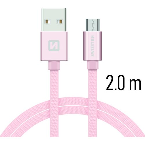 Swissten textilní datový kabel microUSB 2,0m, růžovo/zlatý