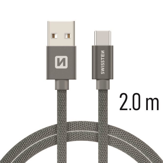 Swissten textilní datový kabel USB-C 2,0m, šedý
