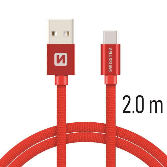 Swissten textilní datový kabel USB-C 2,0m, červený