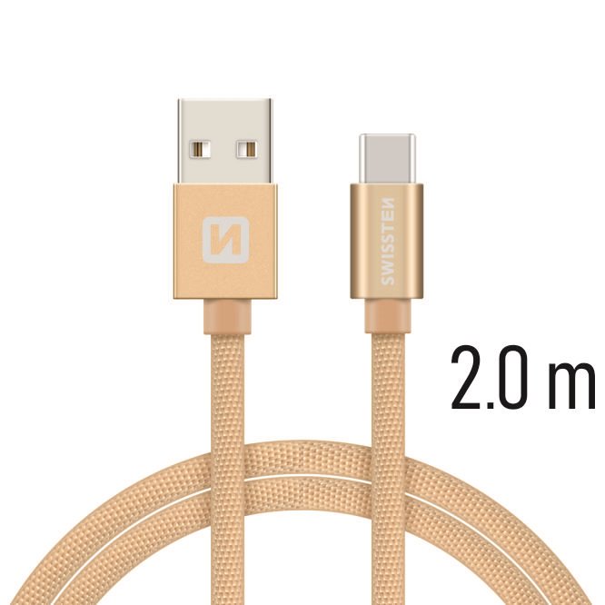 Swissten textilní datový kabel USB-C 2,0m, zlatý