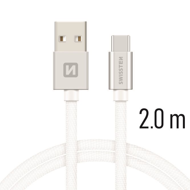 Swissten textilní datový kabel USB-C 2,0m, stříbrný