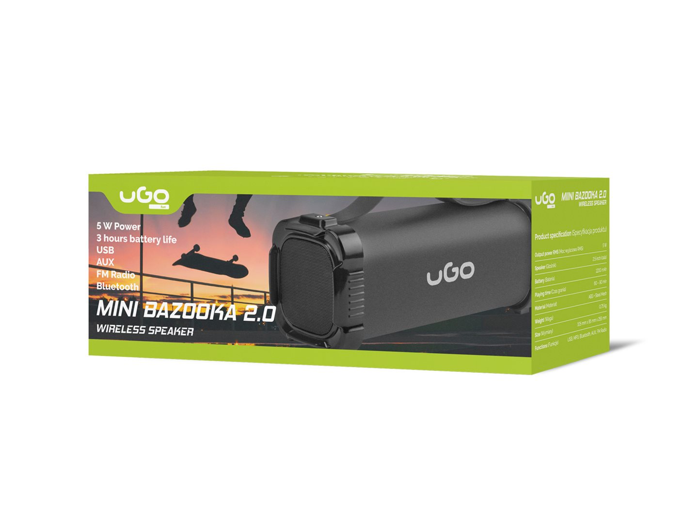 Bluetooth reproduktor UGO Mini Bazooka 2.0 5W, stereo, 1200 mAh, FM radio, USB, AUX, černý